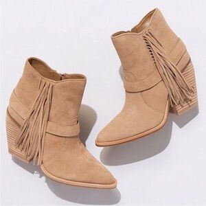 Gianni Bini | Omniah Suede Leather Western Fringe Bootie in Tan, Size 9